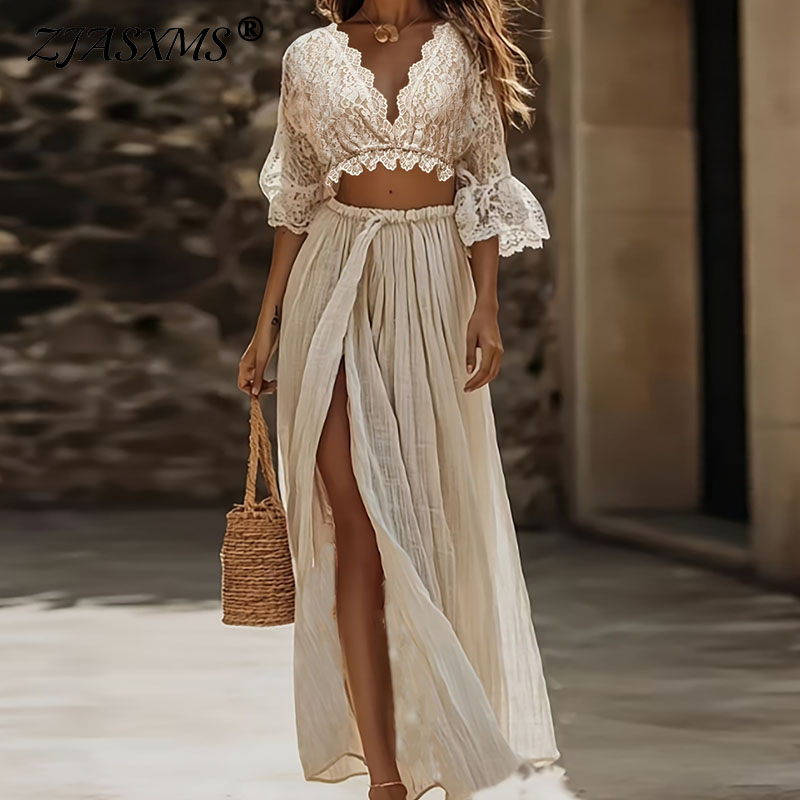 Women Formal Wear Set - Kadınlar İçin Bohem Dantel İki Parçalı