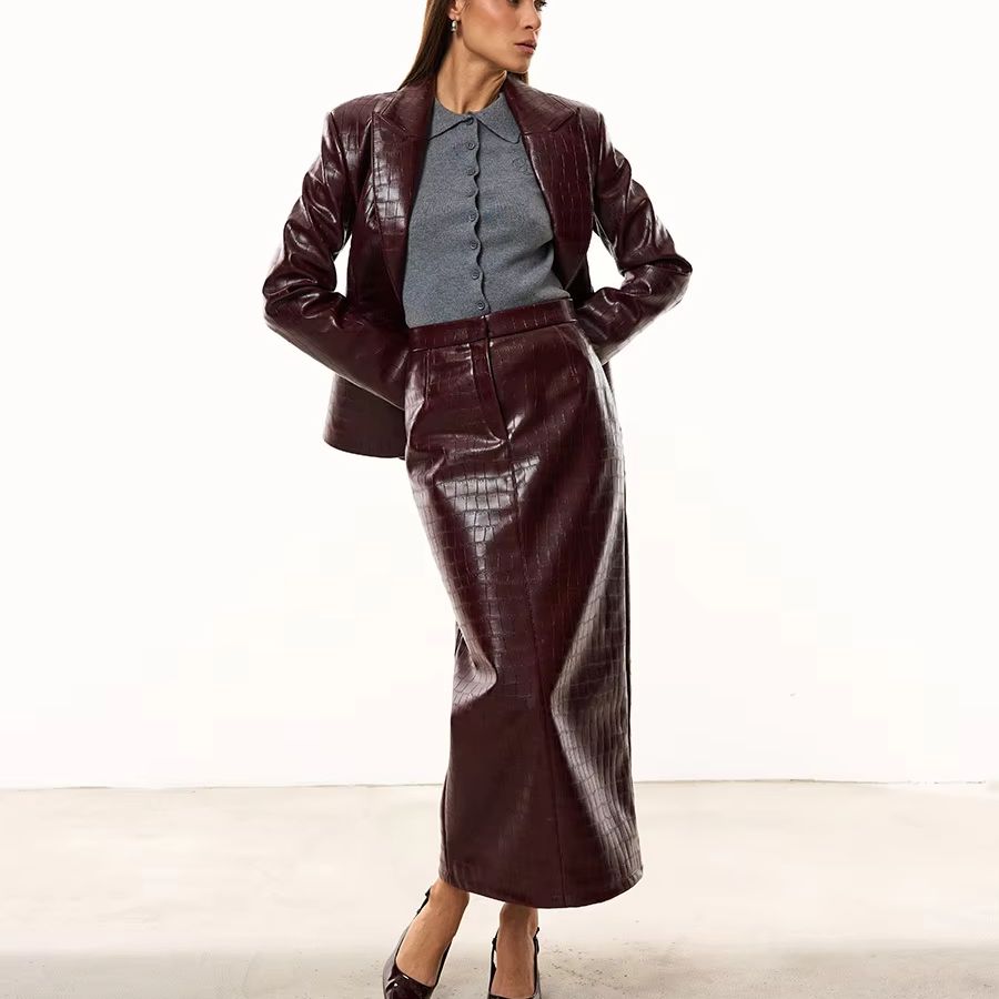 Women Formal Wear Set - IG Kadın Bordo Timsah Görünümlü Suni