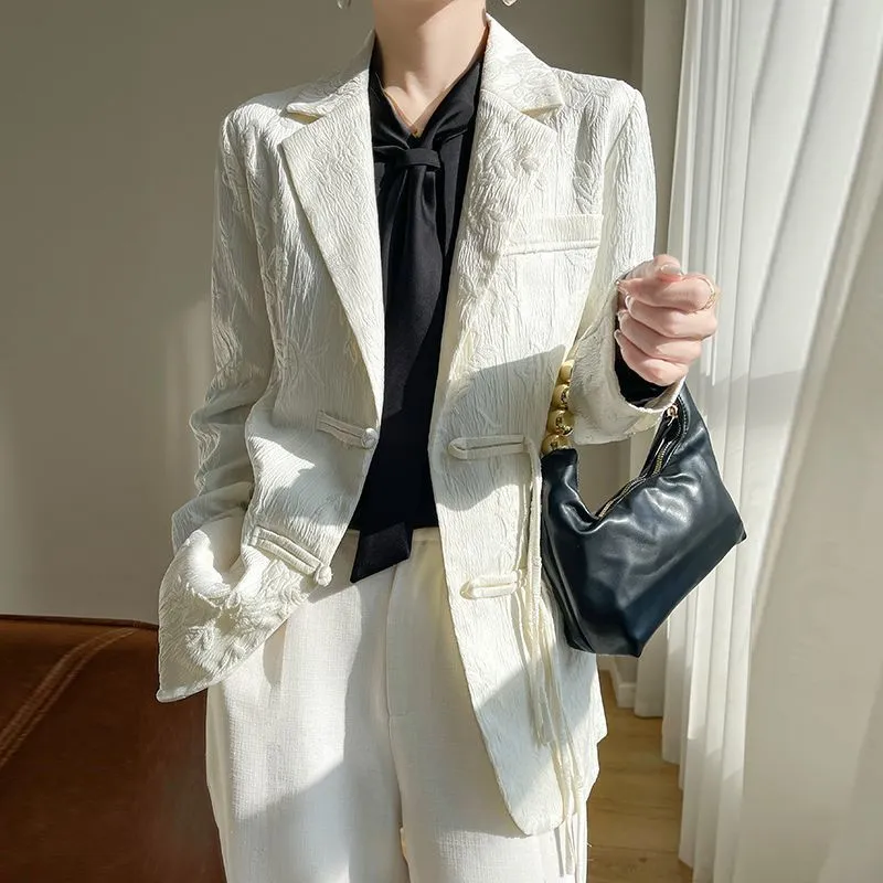 Women'S Formal Wear Jackets - Kadın Beyaz Dokulu Blazer Ceket Çentikli