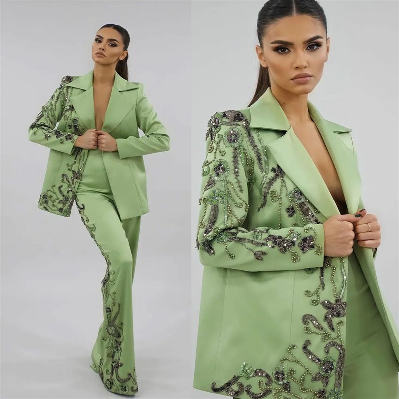 Women Luxury Formal Wear - Tasarımcı Yeşil Saten Kadın Takım Elbise