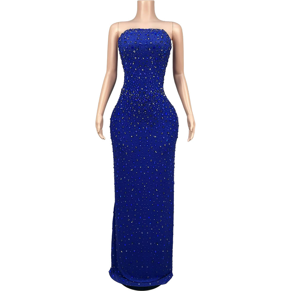 Women Luxury Formal Wear - Işıltılı Yapay Elmas Mavi Straplez Gece